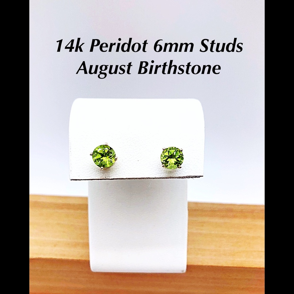 Peridot Studs 6mm 14k Gold, Top Quality with Flash